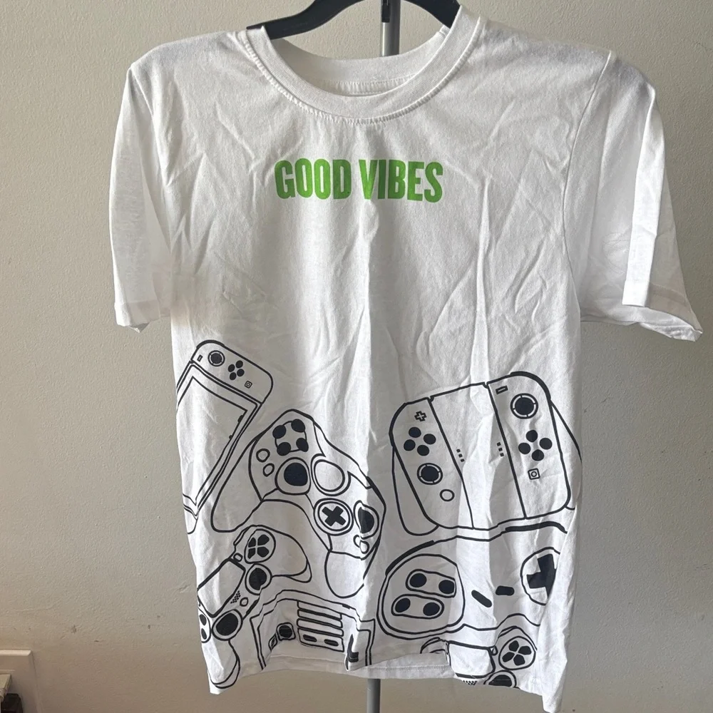 Boys L (14/16) Gaming Controllers Graphic Tee - White with Green Text